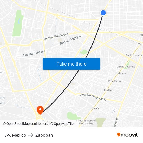 Av. México to Zapopan map