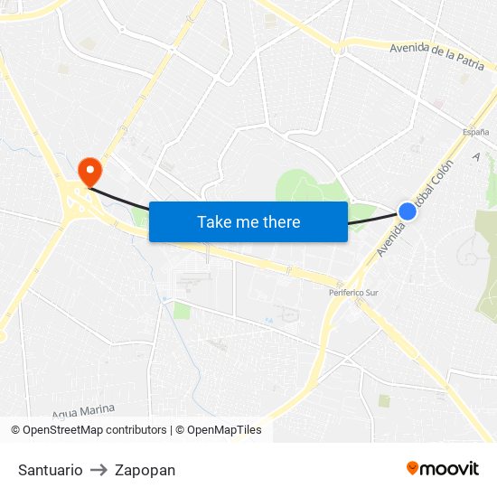 Santuario to Zapopan map