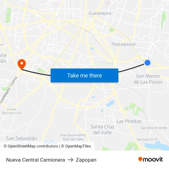 Nueva Central Camionera to Zapopan map