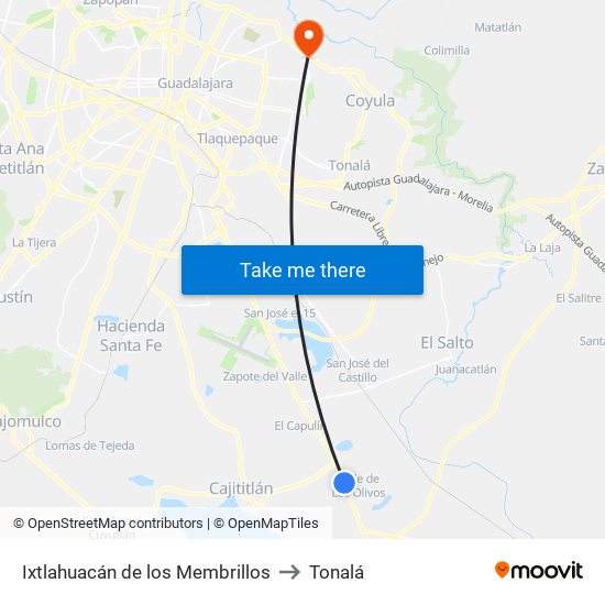 Ixtlahuacán de los Membrillos to Tonalá map