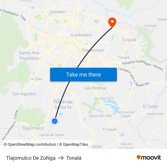 Tlajomulco De Zúñiga to Tonalá map