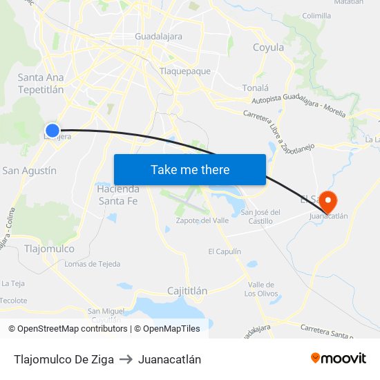 Tlajomulco De Ziga to Juanacatlán map