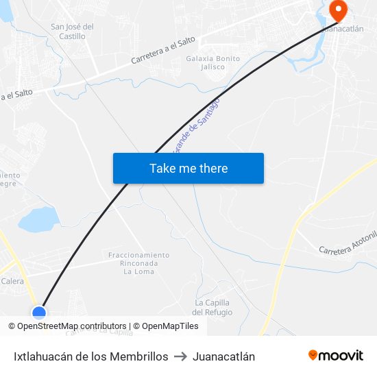 Ixtlahuacán de los Membrillos to Juanacatlán map
