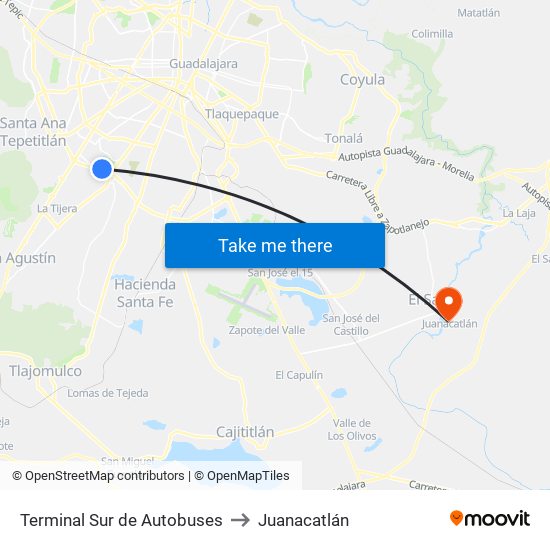 Terminal Sur de Autobuses to Juanacatlán map