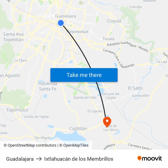 Guadalajara to Ixtlahuacán de los Membrillos map