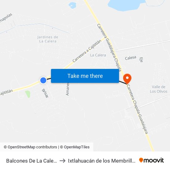 Balcones De La Calera to Ixtlahuacán de los Membrillos map