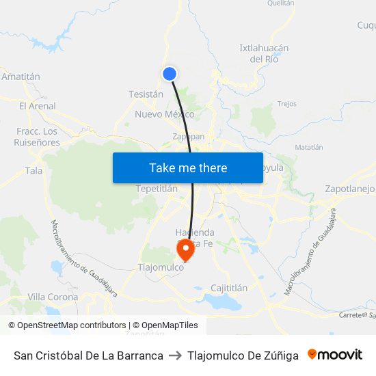 San Cristóbal De La Barranca to Tlajomulco De Zúñiga map