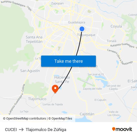 CUCEI to Tlajomulco De Zúñiga map