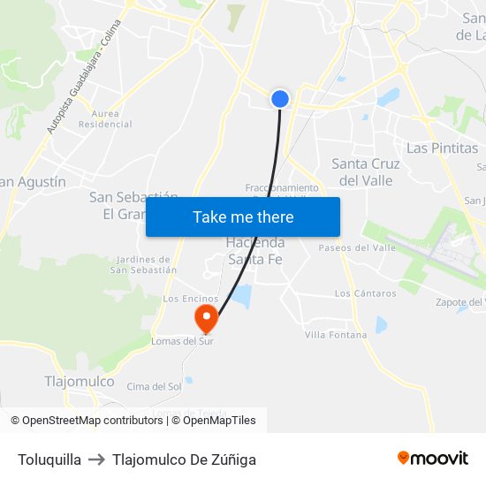 Toluquilla to Tlajomulco De Zúñiga map