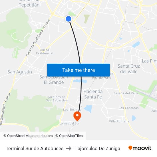 Terminal Sur de Autobuses to Tlajomulco De Zúñiga map