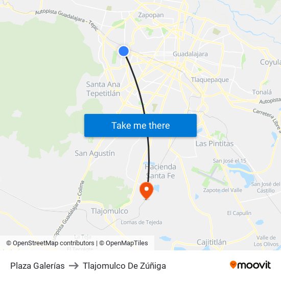 Plaza Galerías to Tlajomulco De Zúñiga map