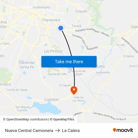 Nueva Central Camionera to La Calera map