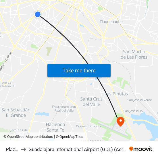 Plaza del Sol to Guadalajara International Airport (GDL) (Aeropuerto Internacional de Guadalajara Miguel Hidalgo y C map
