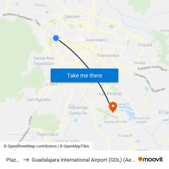 Plaza Galerías to Guadalajara International Airport (GDL) (Aeropuerto Internacional de Guadalajara Miguel Hidalgo y C map