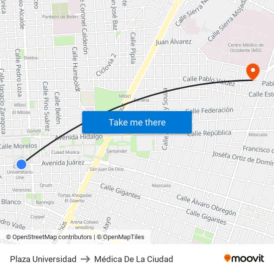 Plaza Universidad to Médica De La Ciudad map