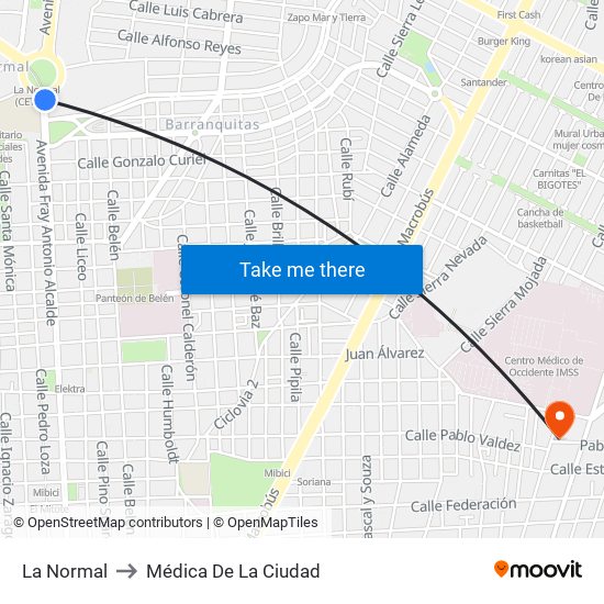 La Normal to Médica De La Ciudad map