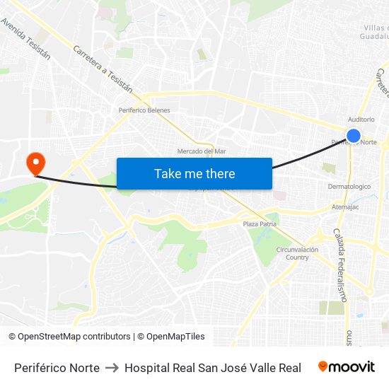 Periférico Norte to Hospital Real San José Valle Real map