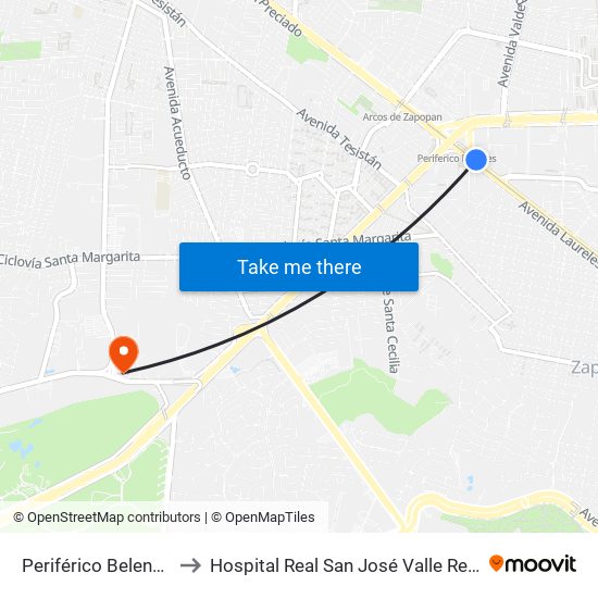 Periférico Belenes to Hospital Real San José Valle Real map