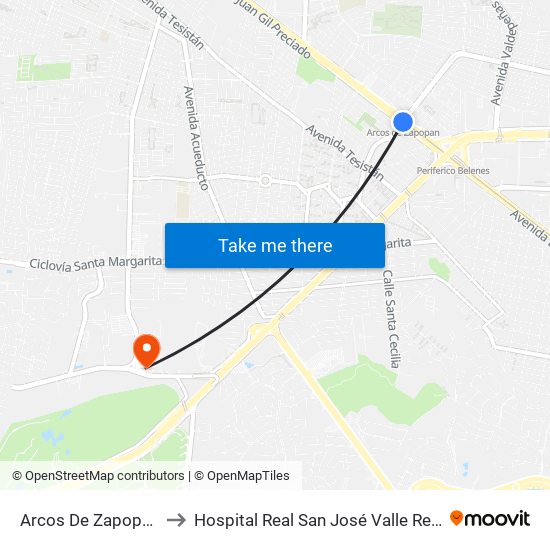 Arcos De Zapopan to Hospital Real San José Valle Real map