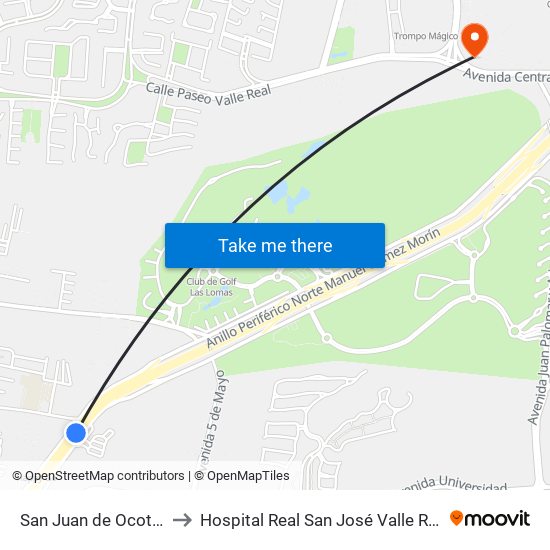 San Juan de Ocotán to Hospital Real San José Valle Real map