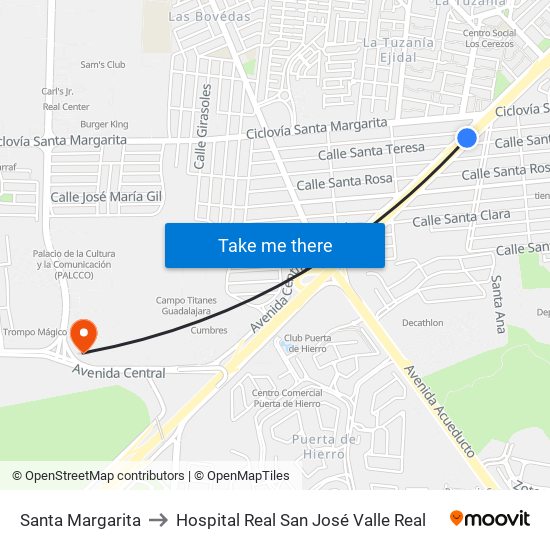 Santa Margarita to Hospital Real San José Valle Real map