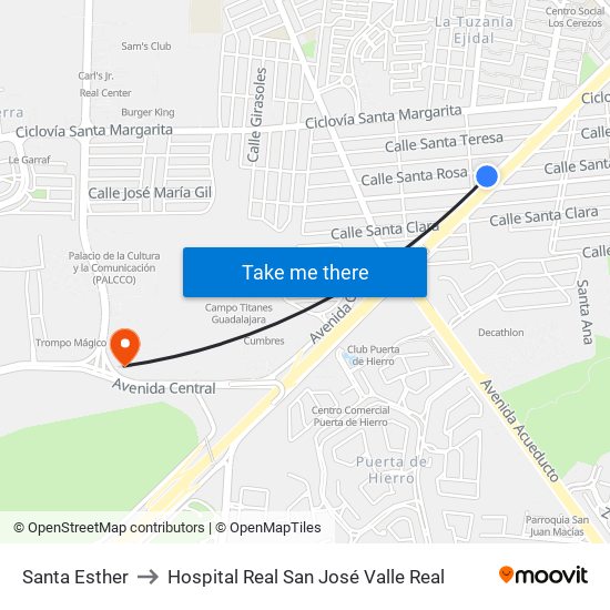 Santa Esther to Hospital Real San José Valle Real map