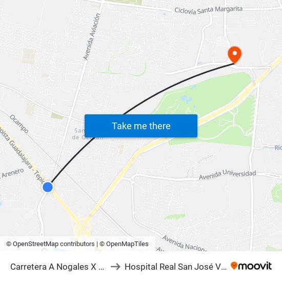 Carretera A Nogales X Aviación to Hospital Real San José Valle Real map