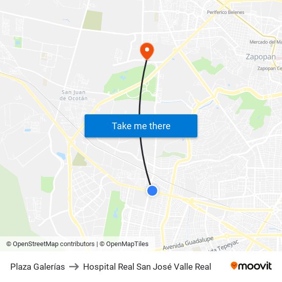 Plaza Galerías to Hospital Real San José Valle Real map