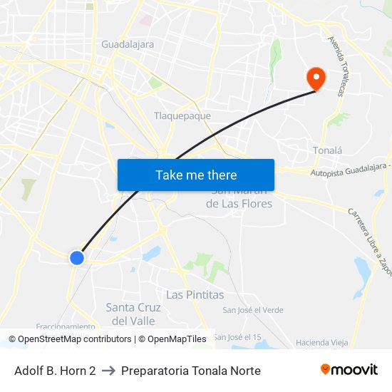 Adolf B. Horn 2 to Preparatoria Tonala Norte map