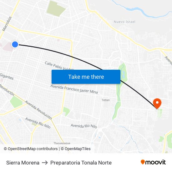 Sierra Morena to Preparatoria Tonala Norte map