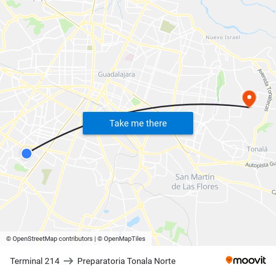 Terminal 214 to Preparatoria Tonala Norte map