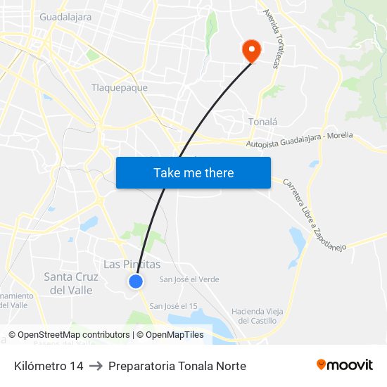 Kilómetro 14 to Preparatoria Tonala Norte map