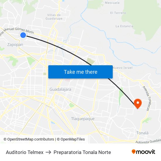 Auditorio Telmex to Preparatoria Tonala Norte map