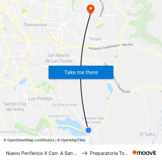 Nuevo Periférico X Carr. A San José Del Castillo to Preparatoria Tonala Norte map