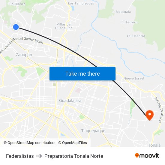 Federalistas to Preparatoria Tonala Norte map