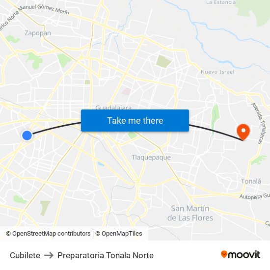 Cubilete to Preparatoria Tonala Norte map