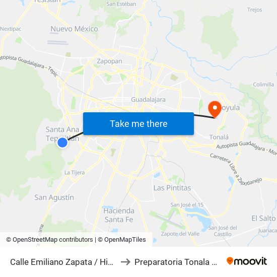 Calle Emiliano Zapata / Hidalgo to Preparatoria Tonala Norte map