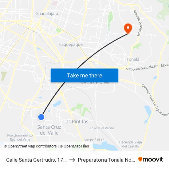 Calle Santa Gertrudis, 1760 to Preparatoria Tonala Norte map