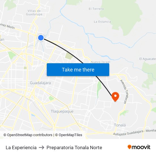 La Experiencia to Preparatoria Tonala Norte map