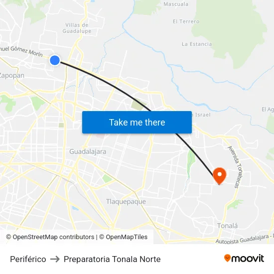 Periférico to Preparatoria Tonala Norte map