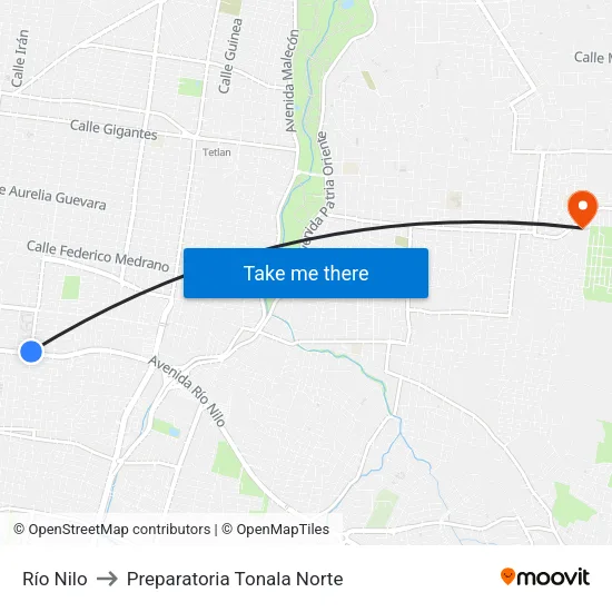 Río Nilo to Preparatoria Tonala Norte map