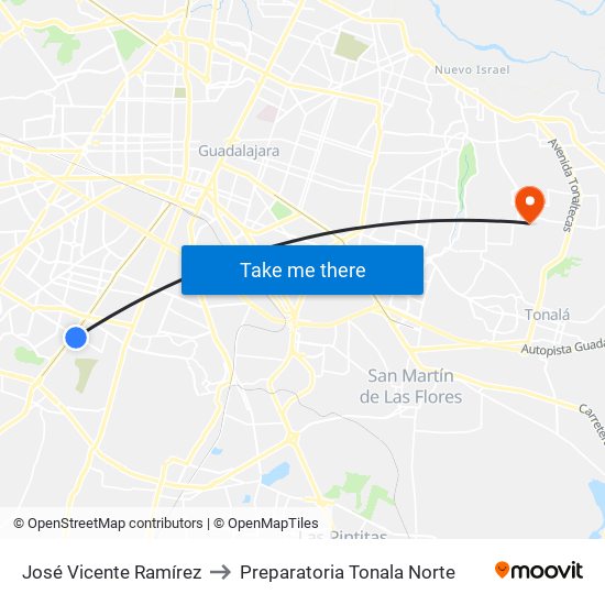 José Vicente Ramírez to Preparatoria Tonala Norte map