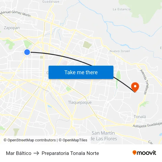 Mar Báltico to Preparatoria Tonala Norte map