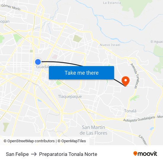 San Felipe to Preparatoria Tonala Norte map