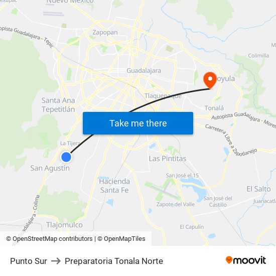 Punto Sur to Preparatoria Tonala Norte map
