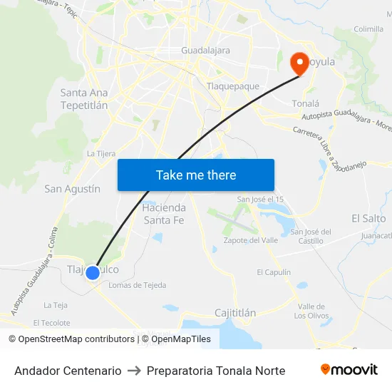 Andador Centenario to Preparatoria Tonala Norte map