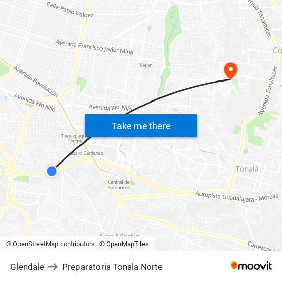 Glendale to Preparatoria Tonala Norte map