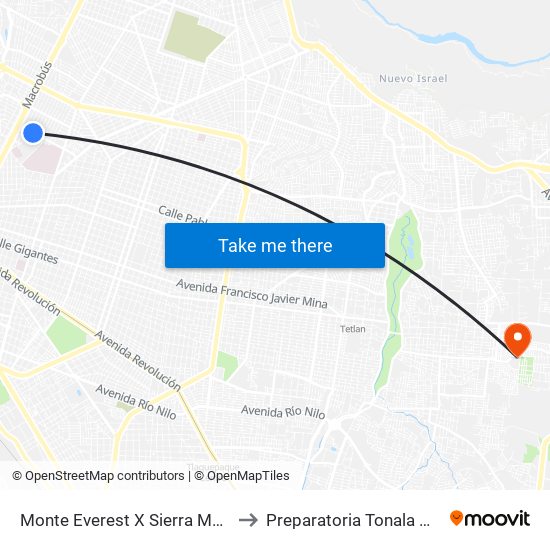 Monte Everest X Sierra Morena to Preparatoria Tonala Norte map