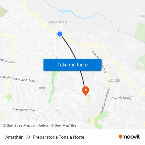 Amatitán to Preparatoria Tonala Norte map