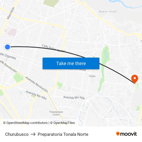 Churubusco to Preparatoria Tonala Norte map